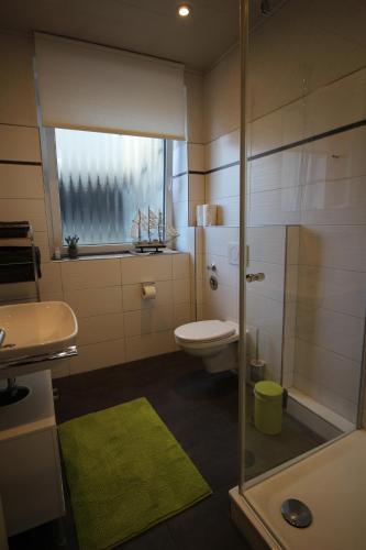 een badkamer met een douche, een toilet en een wastafel bij City Schloss Viktoria in Koblenz