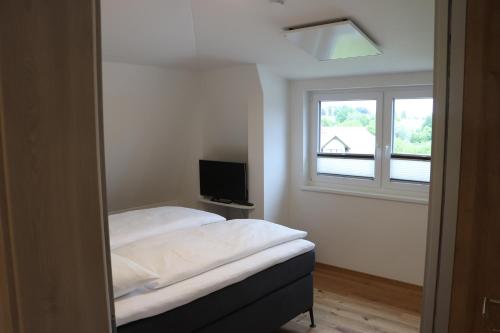 um quarto com uma cama e uma janela em Apartment DreamView em Drobollach am Faakersee