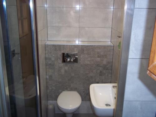 małą łazienkę z toaletą i umywalką w obiekcie Pokoje Gościnne Dąbrowscy w Dźwirzynie