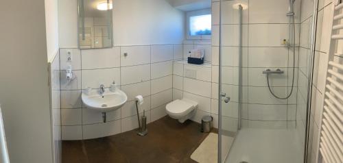a bathroom with a sink and a toilet at Abtei Apartment Brauweiler in Pulheim