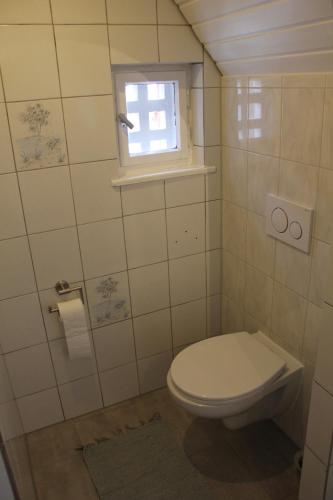 a small bathroom with a toilet and a window at Ferienhaus Storchennest in Pleinfeld