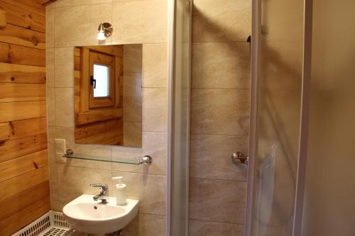 a bathroom with a sink and a shower with a mirror at Domki letniskowe ZŁOTE PIASKI Ustka in Ustka