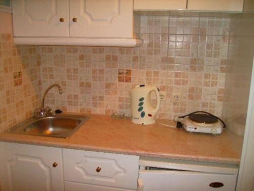 a kitchen counter with a sink and a toaster at Andreas House in Dassia
