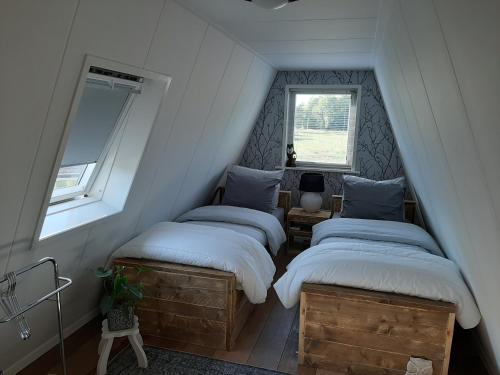 two twin beds in a room with a window at Mahil-Laya in Meppel