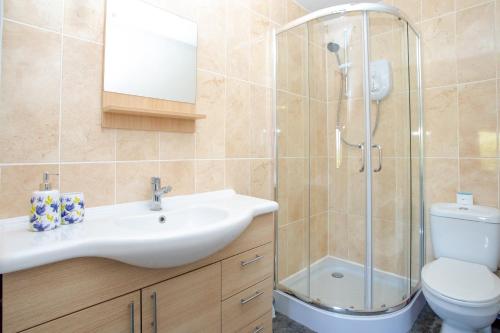 y baño con ducha, lavabo y aseo. en The Windmill Cottage, en Melton Mowbray