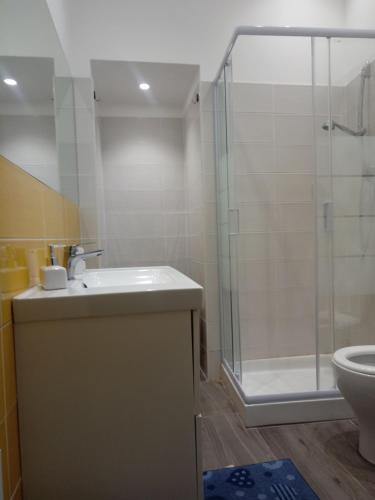 La salle de bains est pourvue d'une douche, d'un lavabo et de toilettes. dans l'établissement Vulcano Apartment, à Catane
