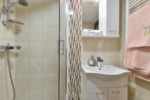 a bathroom with a sink and a shower at Juras Country House, bazen, sauna ,hot tube,vrt in Sveti Ivan Zelina