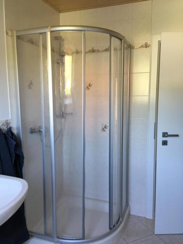 a shower with a glass door in a bathroom at Ferienwohnung Möckel in Struppen