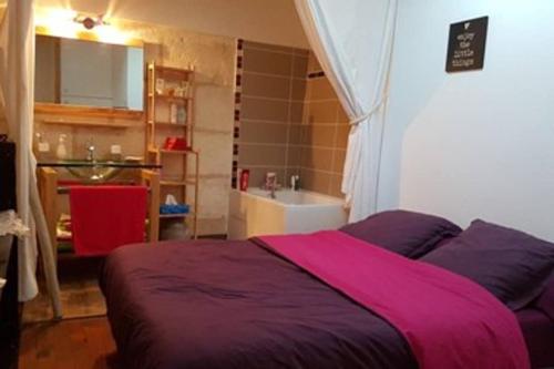 une chambre avec un lit et une salle de bain avec un lavabo dans l'établissement Loft Bohème Placette, à Nîmes