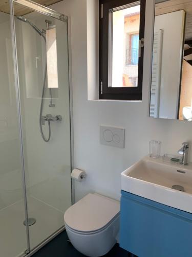 a bathroom with a toilet and a sink and a mirror at House of retreat Strada Vegia de Brén 9 in Breno