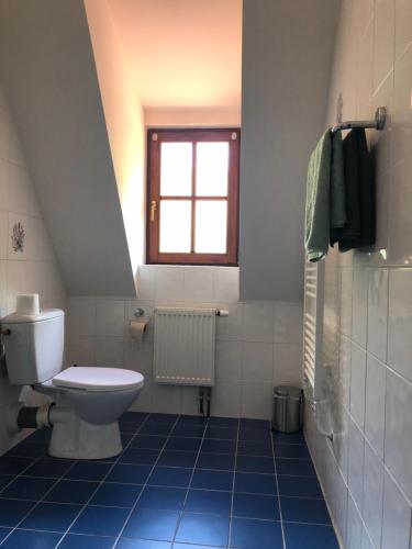 a bathroom with a toilet and a window at Malá Svatá Hora - penzion & restaurace in Mníšek pod Brdy
