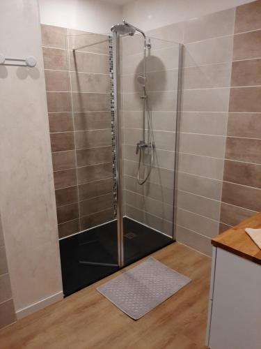 une douche avec une porte vitrée dans une salle de bain dans l'établissement La Villa Claudia, à Pennautier