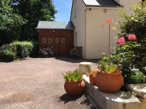 two pots of flowers in front of a building at Hôtel Bellevue Bagnoles Normandie in Bagnoles de l'Orne