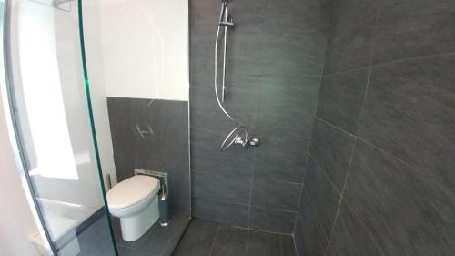 uma casa de banho com um chuveiro e um WC. em HOME for 2 em Zuidoostbeemster