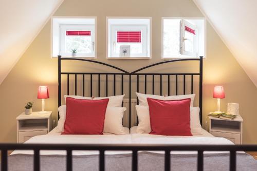 Schlafzimmer mit einem schwarzen Bett und roten Kissen in der Unterkunft Fachwerk-Treppenspeicher, Ruhe auf dem Land, Haustiere willkommen, Leihfahrräder, 24-7 check in in Kirchlinteln