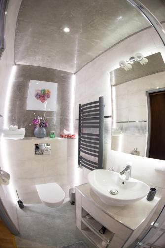 a bathroom with a sink and a toilet and a mirror at Chata Wuja Toma in Szczyrk
