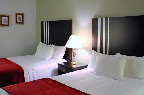 a hotel room with two beds and a lamp on a table at Auberge Gisele's Inn in Baddeck