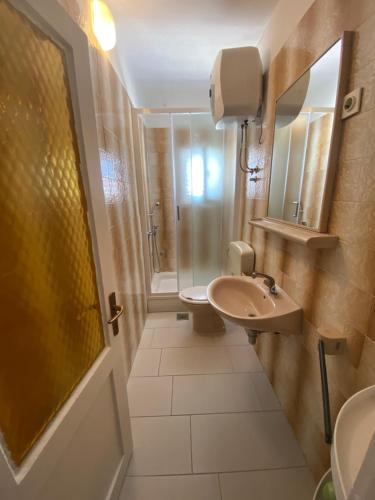 een badkamer met een wastafel, een douche en een toilet bij Apartmani Denona Centar in Novalja