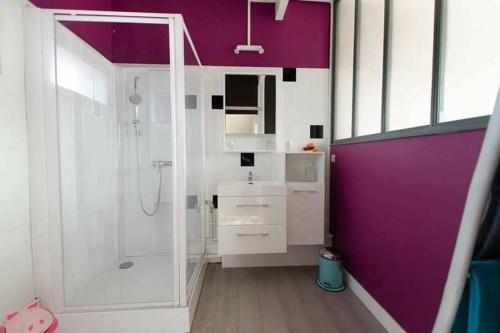 La salle de bains est pourvue d'une douche blanche et de murs violets. dans l'établissement Gîte À bon port Abbeville 5 personnes, à Abbeville