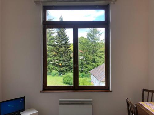 a window in a room looking out at a yard at Charming Vosges Loft - Family-Owned Mountain Haven in Le Hohwald
