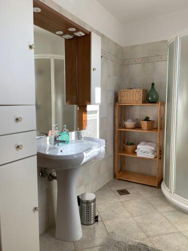 a bathroom with a white sink and a cabinet at Apartments Leone in Brtonigla