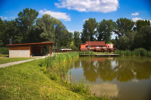 a building next to a lake with a house at Penzion Amfík Bukovina in Popovice