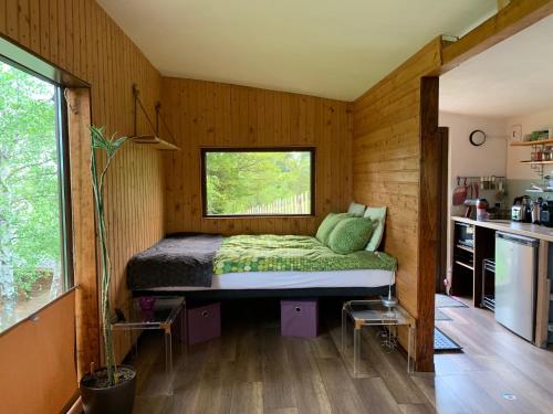 1 dormitorio en una casa pequeña con 1 cama en Trees House Parang, en Petroşani