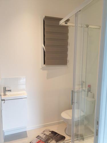 une salle de bain avec toilettes et douche en verre dans l'établissement Modern Bright House, à Saint-Germain-en-Laye
