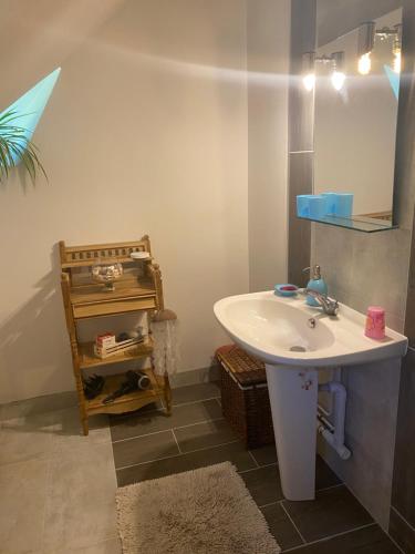 uma casa de banho com um lavatório e um espelho em Suite alcôve confort em Freneuse