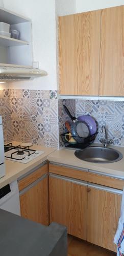 une cuisine avec un évier et un plan de travail dans l'établissement Studio des Saintes, à Saintes-Maries-de-la-Mer