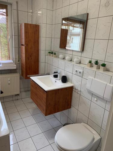 a bathroom with a toilet and a sink and a mirror at Apartment Saxonia in Pirna