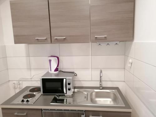 a small kitchen with a sink and a microwave at Jasmin in Laichingen