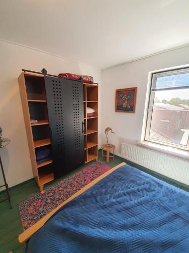 a room with a book shelf and a blue rug at De Vliegende Vlinder in Nederweert