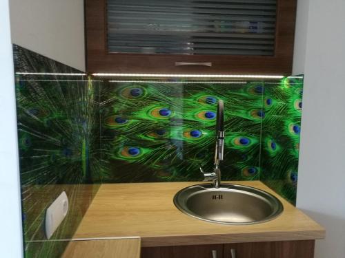 a bathroom with a sink with a peacock painting on the wall at Suwałki Centrum Apartament in Suwałki