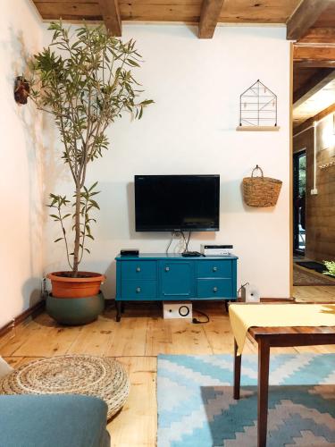 a living room with a blue cabinet and a tv at Cabana Khaliope in Floroaia Mică
