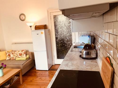 a kitchen with a refrigerator and a couch in a room at Drumdryan Apartment Edinburgh in Edinburgh