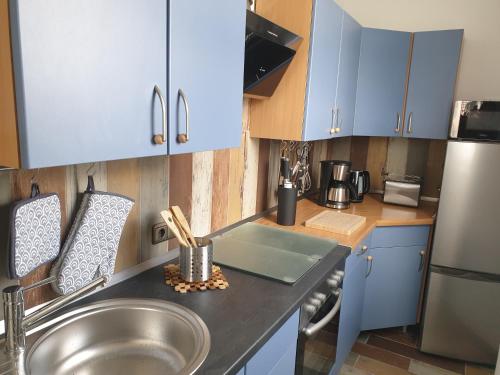 una pequeña cocina con armarios azules y fregadero en Ferienwohnung Leilas Lodge, en Langelsheim
