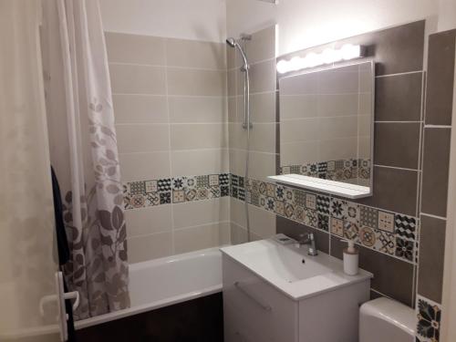 une salle de bain avec un lavabo, une douche et un miroir dans l'établissement Terre et mer, à Hyères