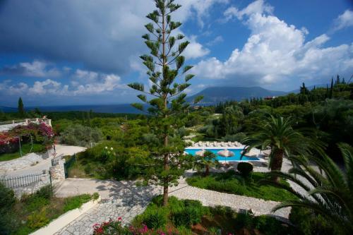 a garden with a tree and a swimming pool at Panorama Apartments Fiscardo in Fiskardho
