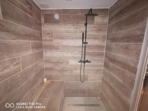 a shower in a bathroom with a shower at Suite romantique Le temps d'un Instant Loveroom Hammam jacuzzi piscine in Villeneuve