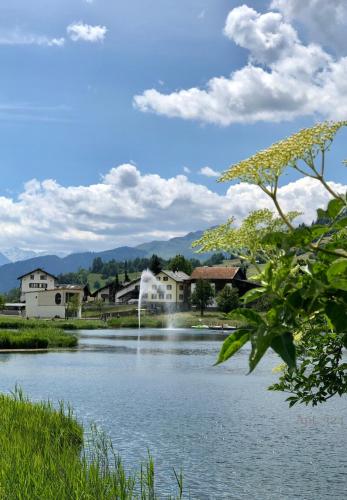 a view of a pond with a fountain at Rancho Laaxdeluxe in Laax