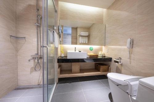 a bathroom with a shower and a sink and a toilet at Naruwan Galaxy Place in Taitung City