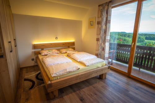 een slaapkamer met een bed en een groot raam bij Vineyard Cottage Krivic in Trebelno