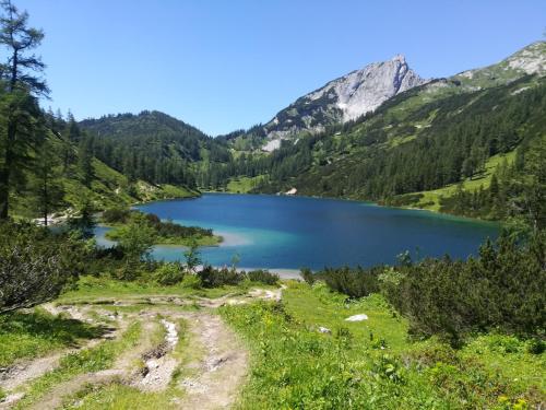 a view of a lake in the mountains at Appartement-Pension Familie Gewessler in Bad Mitterndorf