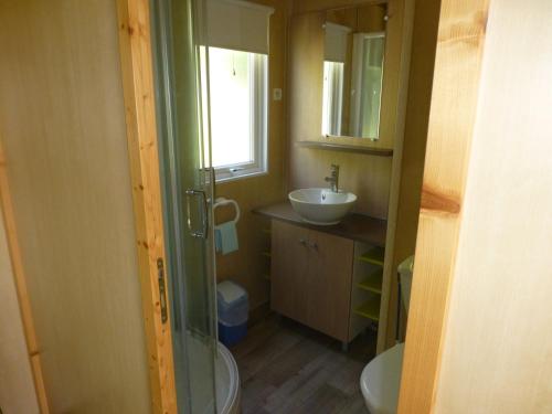 une petite salle de bain avec un lavabo et des toilettes dans l'établissement Camping Les Terrasses de Dordogne, à Rouffignac-Saint-Cernin-de-Reilhac