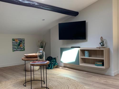 Warm & Wood في كليرمون فيران: غرفة معيشة مع تلفزيون بشاشة مسطحة على الحائط