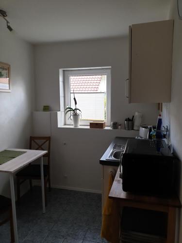a kitchen with a sink and a window and a table at Pension Boitz in Rust