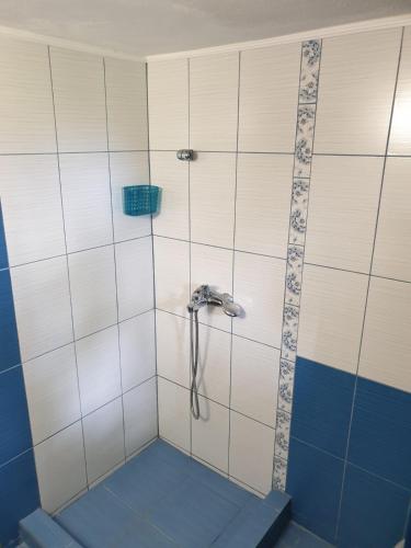 a bathroom with a shower with a blue floor at Pensiunea Padina in Bran