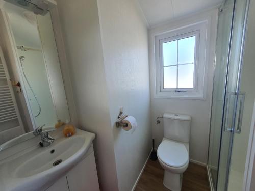 a bathroom with a toilet and a sink and a window at Ostermade Klintdoerp 110 in Michaelisdorf