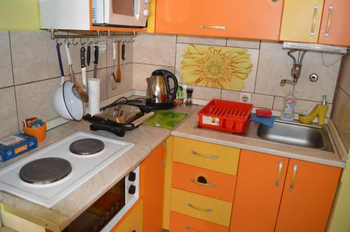 a small kitchen with orange cabinets and a sink at Apartment Adela in Požarevac